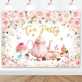 Mocsicka Tea Party Backdrop 7x5ft Let's Partea Wonderland Pink Floral Birthday Baby Shower Photo Backdrops Bridal Shower Banner Wedding Party Decorations Baby Shower Supplies