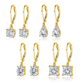 MDFUN 18K Yellow Gold Plated Round Princess Cut Clear Cubic Zirconia Tear Drop Dangle Earrings for Women Hypoallergenic Bridesmaids Jewelry 4 Pairs