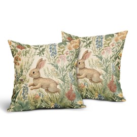 Spring Pillow Covers 20x20 Inch Set of 2 Rabbit Bunny Floral Flower Green Leaves Vintage Botanical Plants Easter Themed Cotton Linen Decorative Throw Pillow Case for Bedroom Sofa Living Room Chair