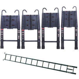 16.4ft Telescopic Ladder with Hooks, Portable Aluminum Home Loft Office DIY Ladder, Black, Folding Multi-Purpose Extension Ladder, 330lbs Load, with Anti-Slip Rubber Feet Safety Locks
