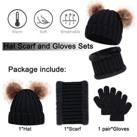 3PCS Knitted Beanie Hat Scarf Gloves Set Baby Girls Winter Thick Pom Cap Neck Warmer Boys Mittens for Boys Girls 1-6 Years old, Winter Accessories Sets for Children Outdoor Sports (Black)