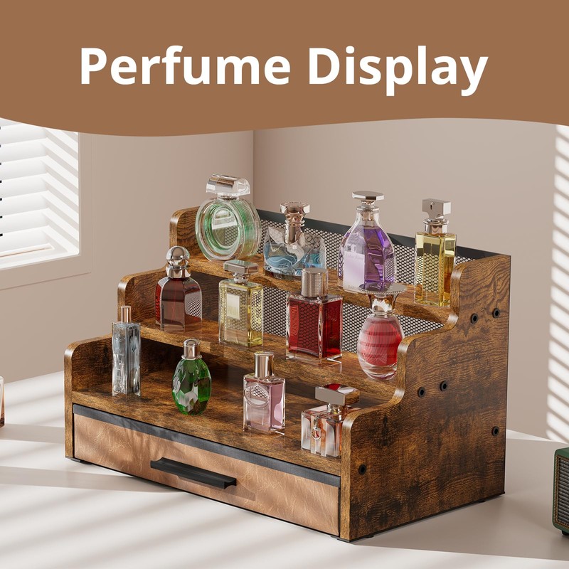 Yuzehuaza 3 Tier Perfume Organizer with Drawer，Wooden Cologne Organizer for