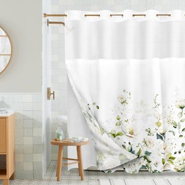 Tititex No Hooks Snap in Liner White Floral Green Leaves Shower Curtain Sets, Hotel Luxury Double Layers Waterproof Fabric & See-Through Top Window Bathroom Decorative 72x72 Inch
