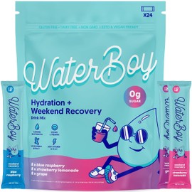 Waterboy Weekend Recovery Variety | 3,200mg Electrolyte Powder Packets | Ginger + L-Theanine + Vitamins | No Sugar, All Natural, Gluten Free | 24 Drink Stick Mixes (Variety Pack)