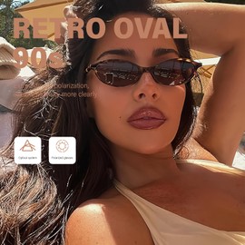 KUGUAOK Retro Oval Sunglasses for Women 90s Design Small Cat Eye Sun Glasses UV Protection Y2k Trendy Narrow Shades