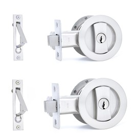 Dontay 2 Pack Pocket Door Lock with Key, Contemporary Entrance Sliding Barn Door Lock Latch, Recessed 2 Sided, 2 3/8" Backset, Flush Handles Hardware (Including Edge Pull, Brushed Nickel, Round)