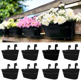 LaLaGreen Outdoor Plants Rail Planter (8 Pack, 11.2 Inch) Black Metal Iron Hanging Flower Pots Deck Railings Fence Buckets Modern Garden Boho Style Wall Mount Window Box Plant Holder Hooks Porch Decor