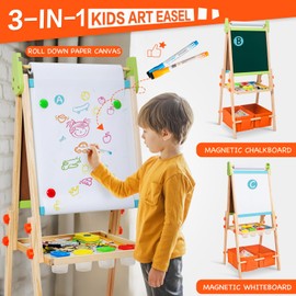 Kids Easel Including 100+ Accessories, Rundad Double Sided Wooden Easel for Kids Age 3-8 with Magnetic Chalkboard & Painting Board, Free Height Adjustable Art Easel Supplies for Toddlers