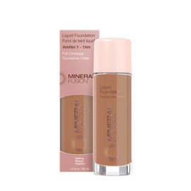 Mineral Fusion Full Coverage Foundation, Liquid Foundation - Warm 7- Dark to Tan Complexion w/Orange Undertones, Lightweight Matte Finish, Up to 12 Hr Hydration, Hypoallergenic & Vegan, 1 fl. oz