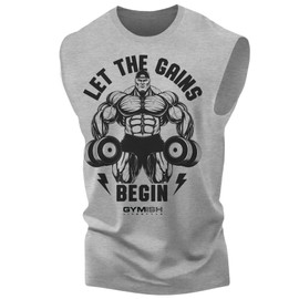 Let The Gains Begin Gym Tops for Men, Sleeveless Bodybuilding Athletic Tank Top (LG, Let The Gains Begin Muscle Tank Top)
