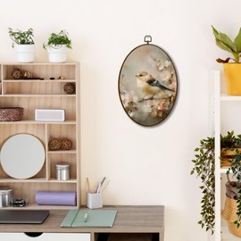 JQF Vintage Bird Floral Oval Wall Decor, Farmhouse Rustic Sparrow Floral Oval Canvas Wall Art, Retro Cottagecore Bird on Branch Framed Prints Hanging Decor for Home Bedroom Living Room, 8.5x11.5 Inch