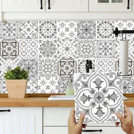 24pcs Moroccan Tile Stickers 15x15cm Bathroom Tile Stickers for Kitchen Transfers Cover Stick On Tiles Peel and Stick Wall Decals Waterproof 6"x6", Grey