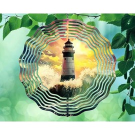 Liberty Flags & Gifts 8 Inch Lighthouse Ocean Waves Hanging Wind Spinner Yard Decor Aluminum Sublimated Garden Art Indoor Outdoor 3D Kinetic 8rws-059, Blue