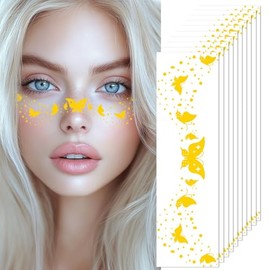 Gold Glitter Freckles Temporary Face Fake Tattoos For Women, Sparkle Waterproof Makeup Patches, Glow Up Faux Butterfly Speckles - 10 Count