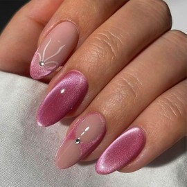 QQPPOLIU Medium Press on Nails Almond with Design Red Fall Nails for Women and Girls 24pcs