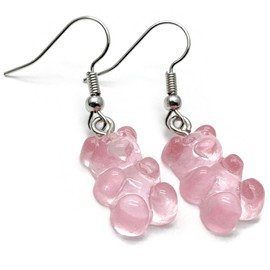 Baby Pink Bear Charm Earrings - Super Cute Resin Charm Beads on Silver Tone Nickel Free Hooks : 38mm