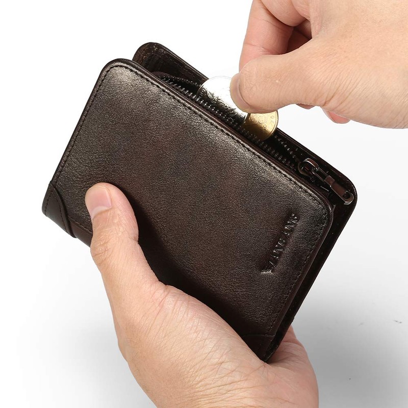 MANBANG Mens Wallet Zipper Genuine Leather RFID Card Holders Cowhide