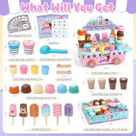 Atoylink Wooden Ice Cream Toys for Kids Pretend Play Food Toys with Scoop & Menu & Fake Money, Ice Cream Cart Play Store Toys for Toddlers Girls 3 4 5 6 Year Old Gift