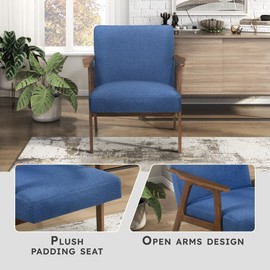 Lexicon Mid Century Modern Accent Chair, Upholstered Lounge Armchair, Single Sofa Seat, Brown Finish Solid Wood Framed Comfy Side Chairs for Living Room/Bedroom/Office/Waiting Area, Blue