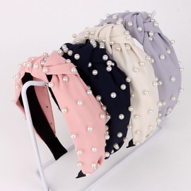 Padorul 4 Pack Knotted Pearl Wide Headbands for Women - Fashionable Hair Accessories Set in Pink, Black, White, Purple - Boho Chic Elastic Hair Bands for Girls, Ladies