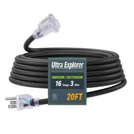 Ultra Explorer 20 Ft Indoor Outdoor Black Extension Cord, 16/3 Heavy Duty Extension Cable, 3 Prong Grounded Plug with Lighted End for Appliance and Lawn, 13A, UL Listed