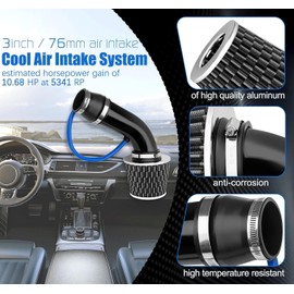 Vechkom 3 Inch 76 mm Universal Car Cool Air Intake Kit Universal Car Cool Air Intake Pipe Aluminium Automotive Filter Induction Flow Hose Pipe Kit for Motorcycle Scooter ATV Moped (Black)