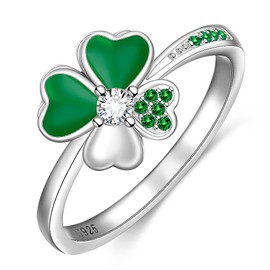 Talonior Clover Ring for Women Irish St Patricks Day Shamrock Gifts Sterling Silver Four Leaf Clover Jewelry Green Cubic Zirconia Size 7