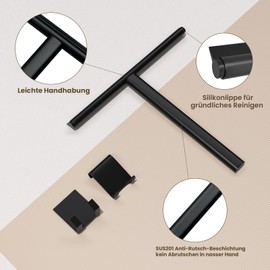 EMKE Duschabzieher Schwarz Silikon 22 cm breit, ohne Bohren, Fensterabzieher, Glasabzieher mit Edelstahl Kern, Duschwischer mit Halterung für Dusche, Spiegel, Fenster, Badezimmer