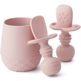 SAMiGO Silicone Baby Utensils - Self Feeding Spoons and Tiny Training Cup - First Stage Baby Led Weaning Supplies for 6 Months+ Infants - Set of 3