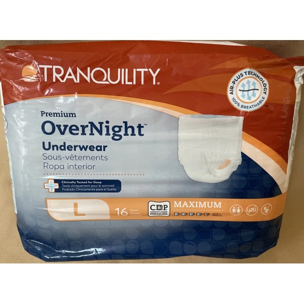 Tranquility Premium Overnight Underwear LARGE 44-54" 16 Pack MAXIMUM Protection
