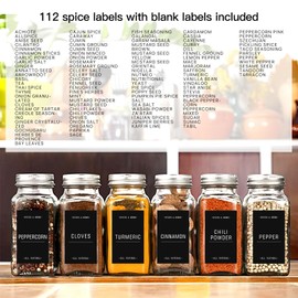 HVSWLY 112PCS Removable Spice Jar Labels, Waterproof Oil Resistant Labels for Spice Jars, Fit Round or Rectangle Kitchen Pantry Seasoning Containers (Black)