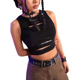 Floerns Women's Cut Out Sleeveless Round Neck Punk Rock Solid Ripped Crop Tank Top Black S