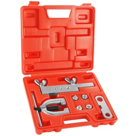 Flexzion DIN/ISO Bubble Flare Brake Line Flaring Tool Kit with 4.75 (CNF-3), 6 (CNF-4), 8, 10mm Adapters Dies Metric European Automotive Copper Steel Aluminum Fuel Hydraulic Tubing Fitting Set w/Case