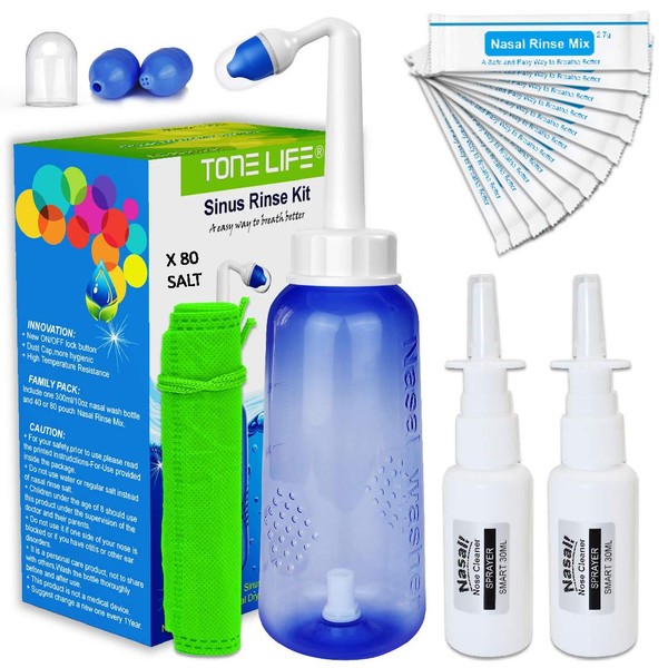 TONELIFE Nasal Rinse Kit+80 Nasal Salt+2 Nasal Pump Sprayer - 300ml Nose Wash-Nasal Irrigation System-Neti Pot with Buffered Salt Packets,Nose Cleaner with Saline Nasal Care Refills for Sinus Rinse