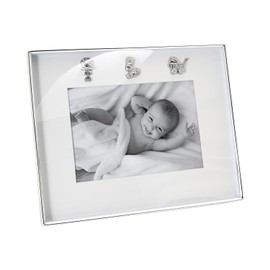 Happy Homewares Modern Baby Picture Frame in Silver Plating with Pram Booties and Rattle Icons with Clear Diamante Crystals | 5x7 Photograph