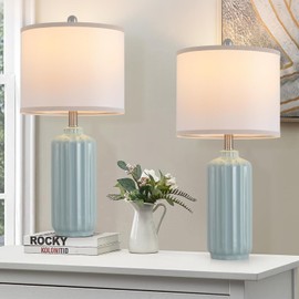 Liyicha Lamp for Living Room Bedroom Lamps Farmhouse Table Lamps Set of 2 Vertical Stripe Ceramic Table Lamp,Linen Shade with Bulb, 25 in High,Light Blue