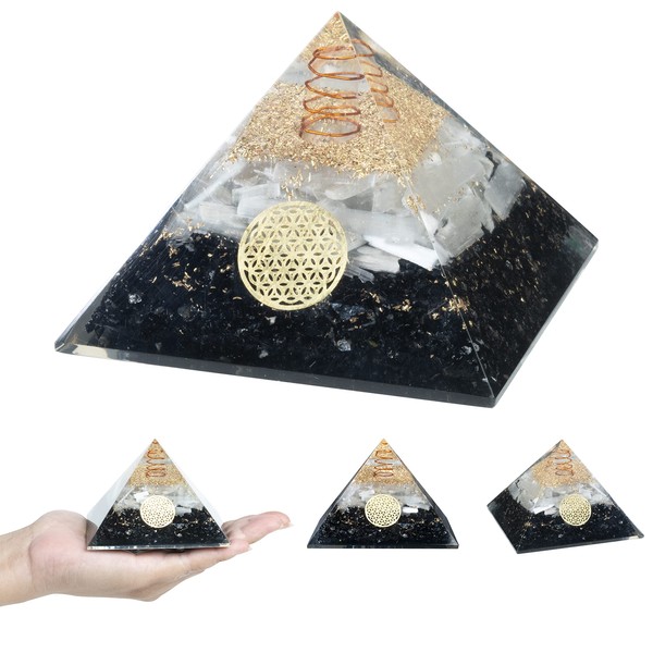 Crocon Black Tourmaline & Selenite Orgone Pyramid Crystal Point Flower of Life Symbol Chakra Balancing Reiki Healing Spiritual Decor Size: 3"