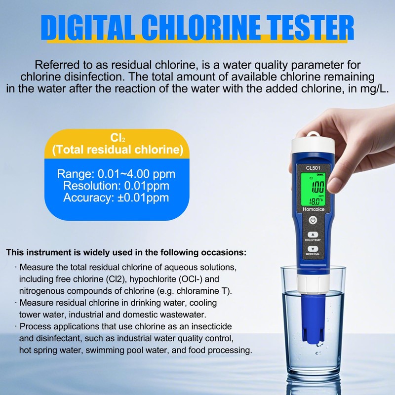 Homcoice pH Chlorine Meter Pool 5-in-1, pH Chlorine ORP H₂
