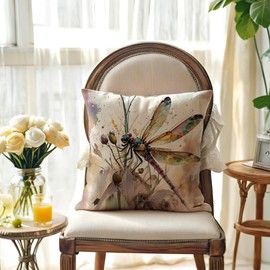 JAERUE Dragonfly Throw Pillow Covers with Daisy Floral 18 x 18 Inch Nature Theme Cushion Covers Watercolor Art Home Decor Spring Summer Pillow Cases 2Pack for Sofa Couch Porch (Blue/Brown Dragonfly)