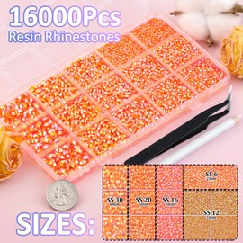 16000Pcs Resin Rhinestones with Tweezers for Crafting, Orange AB 2-6mm Mixed Sizes Non Hotfix Flatback Gems, Bedazzling Crystal for DIY Crafts Clothing Tumblers Mugs Shoes Fabric Decor Nail Art