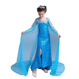 Lito Angels Princess Snow Queen Blue Sequin Fancy Dress Costume with Tulle Train and Accessories for Girls Kids Age 4-5 Years
