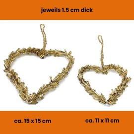 Set of 2 Decorative Beads Hearts in Two Sizes, 11 x 11 cm and 15 x 15 cm Heart for Hanging Made of Rod Beads in Gold
