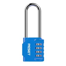 RESET -060 4-digit long shackle combination lock, outdoor padlock for indoor use, for schools, gyms, lockers, tool boxes, fences, gates, blue