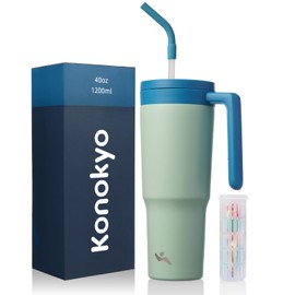 Konokyo Insulated Tumbler with Handle and Straw,40 OZ Vacuum Stainless Steel Water Bottle Travel Mug Metal Cup with Fruit Diffuser,Mist Blue