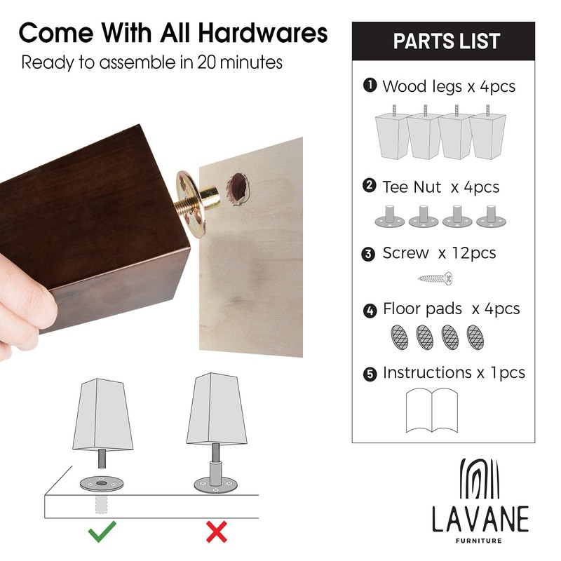 La Vane 6 inch Wooden Furniture Legs, 4PCS Soild Wood
