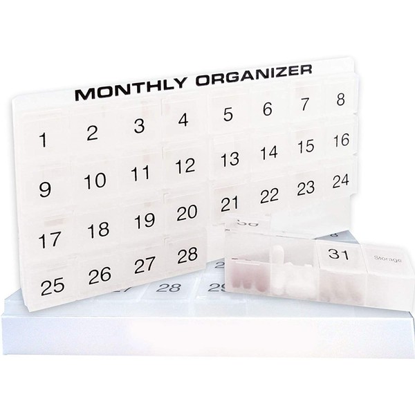 31 compartments, 1 per Day, 4 Week Monthly Pill Organizer by Promed. Includes Tray and 8 Removable compartments. (White)