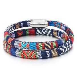 COOLSTEELANDBEYOND Double-Lap Tribal Tibetan Mens Womens Cotton Bracelet Wristband Wrap Bracelet, Steel Magnetic Clasp(CA)