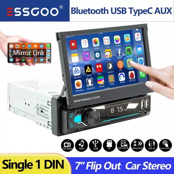 ESSGOO 7" Car Stereo Radio Single 1Din Flip Out Bluetooth