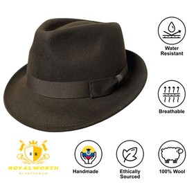 ROYALWORTH 100% Wool Trilby Hat Waterproof & Crushable Handmade with Grosgrain Band (UK, Numeric, 7 1/2, Brown)