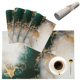 Washable Placemats Set of 4, Abstract Teal Marble Decor Place Mats Heat-Resistant Gold Dark Green Marble Place Mat Durable PVC Weave Table Mat for Kitchen Dinner Party BBQ Camping Indoor Outdoor